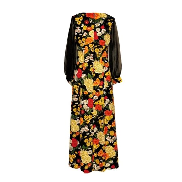 Floral Dress, Maxi Dress, Sheer Black Sleeves, Reiner of Chicago, Flower Power, - Picture 5 of 16